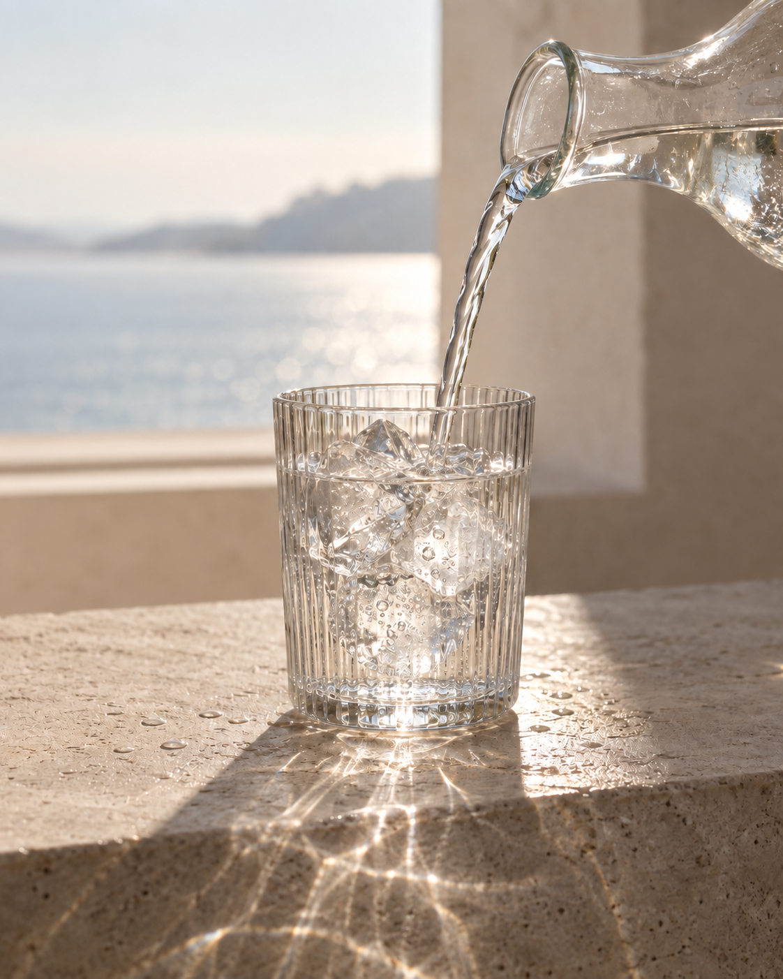 Water pouring from a glass carafe into a ribbed glass of ice, lit by the sun.