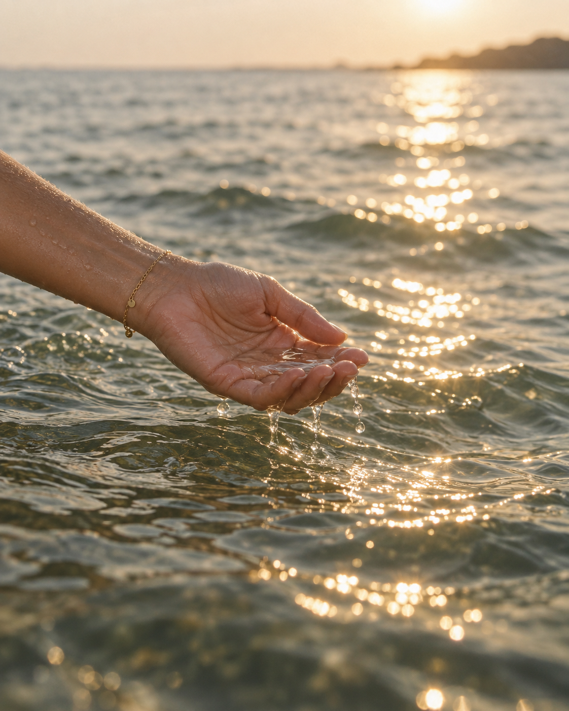A hand trailing through sunlit sea water.