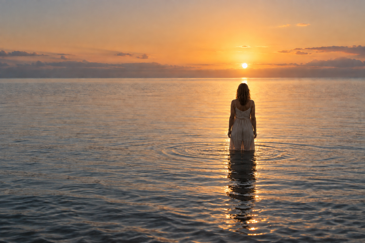 A woman stands knee-deep in a calm sea at sunrise.