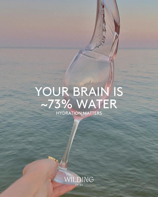A glass of water splashing over the sea at dusk, captioned Hydration matters