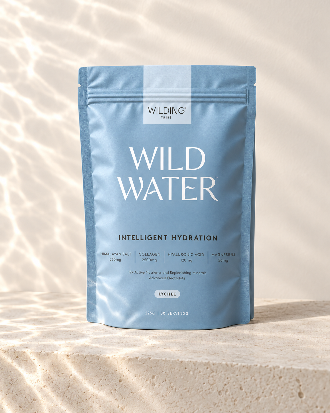 WILD WATER™ pouch on a limestone block in rippling light reflected from water.