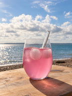 A glass of WILD WATER™ with ice and a glass straw on a wooden table by the sea.